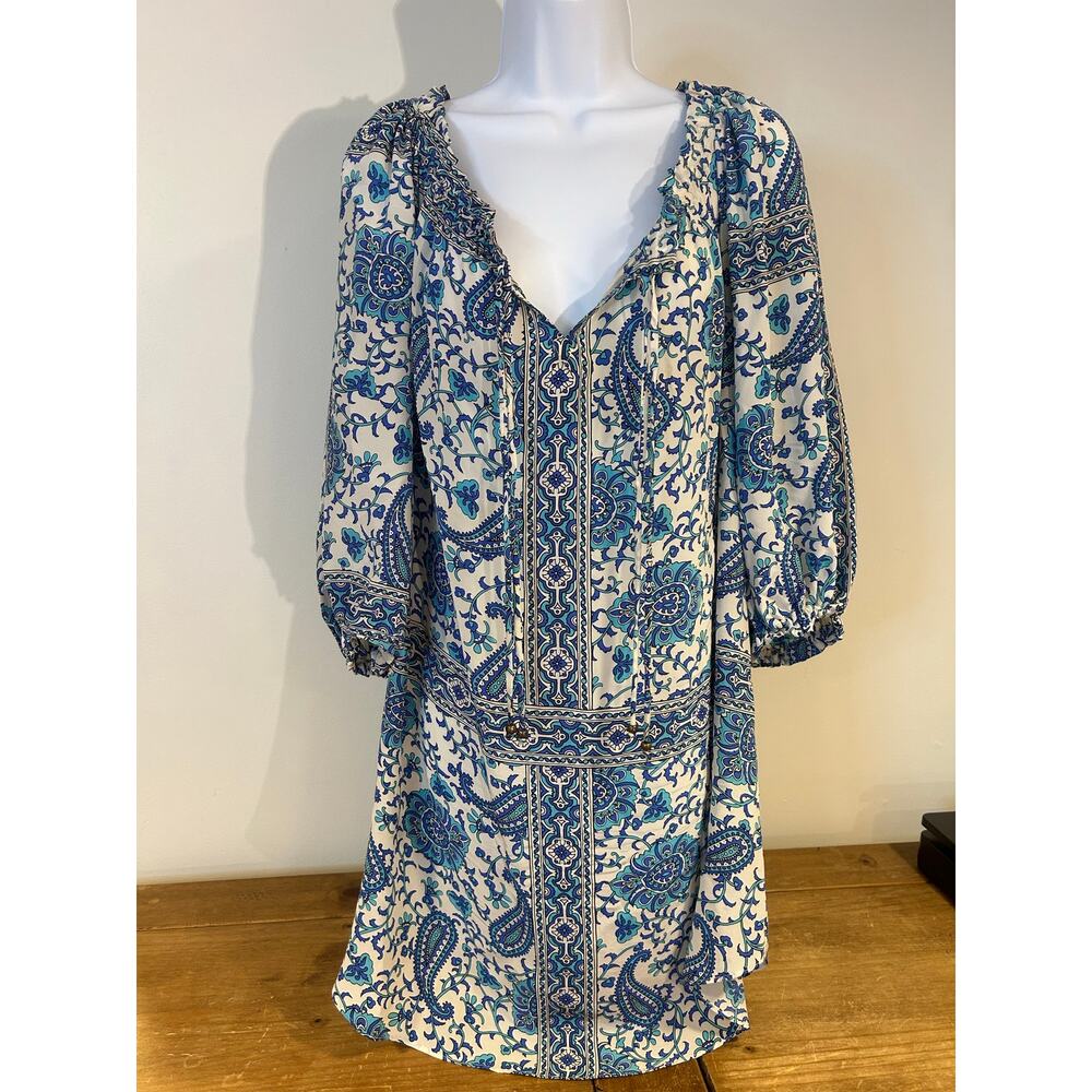 Alice & Trixie Sz M Blue Paisley Mini Dress Boho 100% Silk Lightweight 3/4 Sleev
